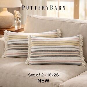 Pottery Barn Cassidy Striped Lumbar Pillow Covers Set/2 16x26 Cotton Linen woven
